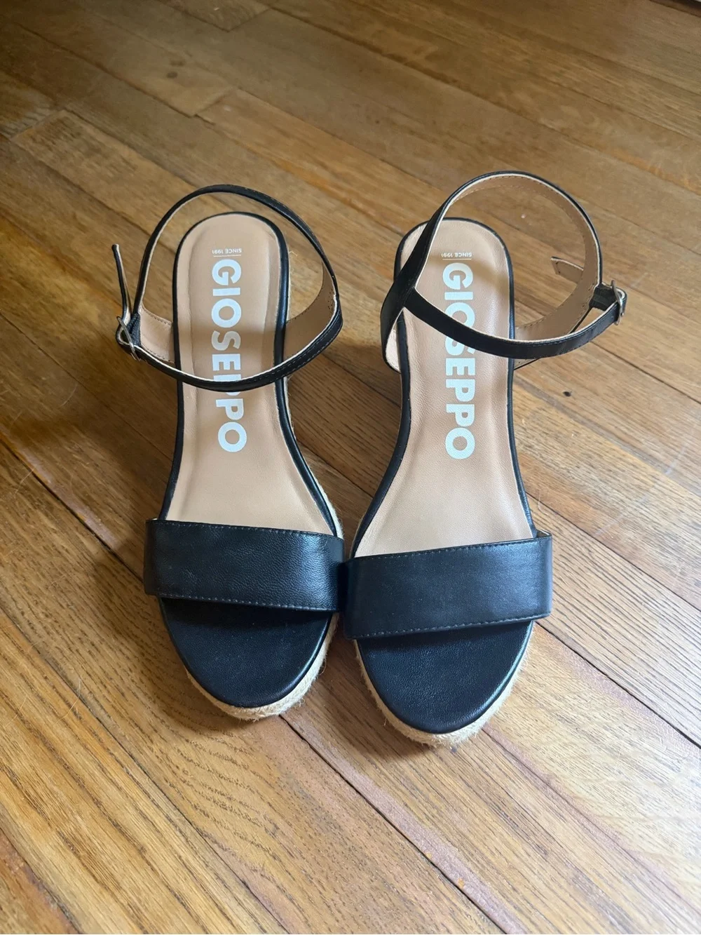 Gioseppo Black Leather Espadrille Wedge Sandals